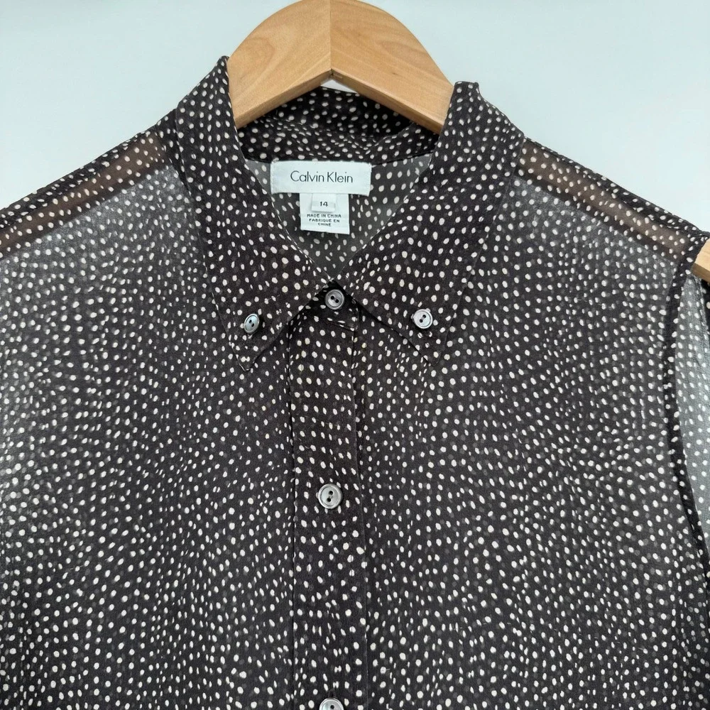 Calvin Klein Brown Polka Dot Sleeveless Sheer Silk Button Front‎ Blouse Sz 14 - Picture 3 of 11